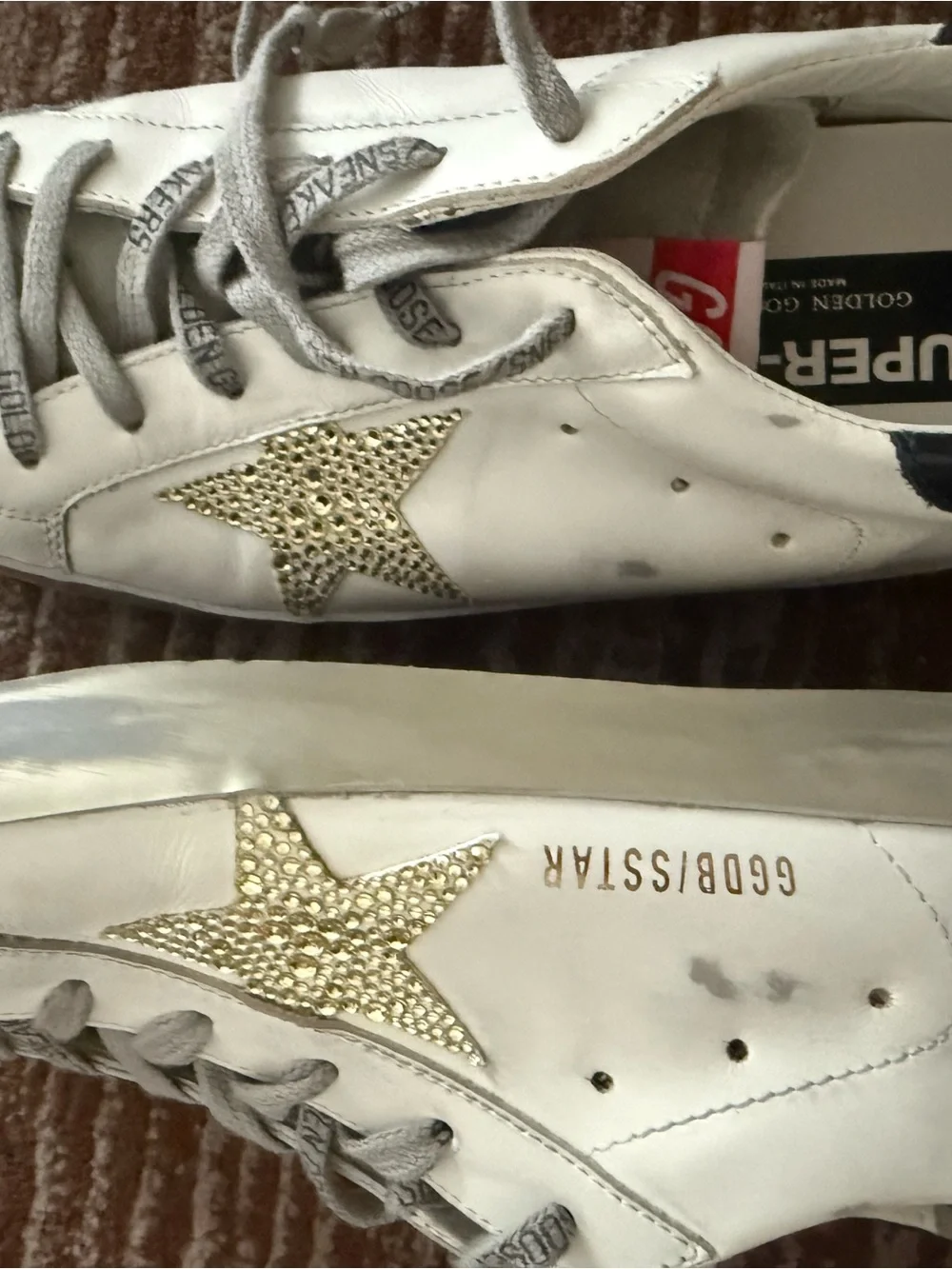 Golden Goose White Leather Sneakers with Gold Crystal Star and Gray Details
